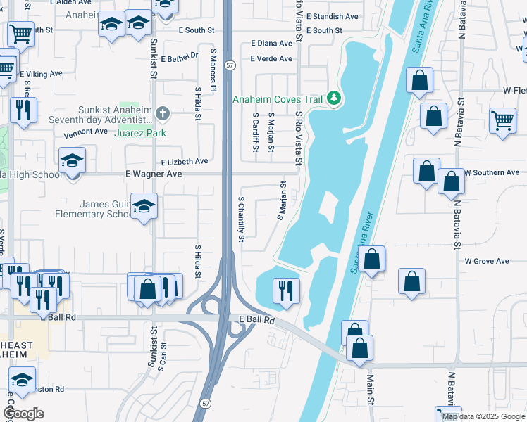 map of restaurants, bars, coffee shops, grocery stores, and more near 1017 South Cardiff Street in Anaheim