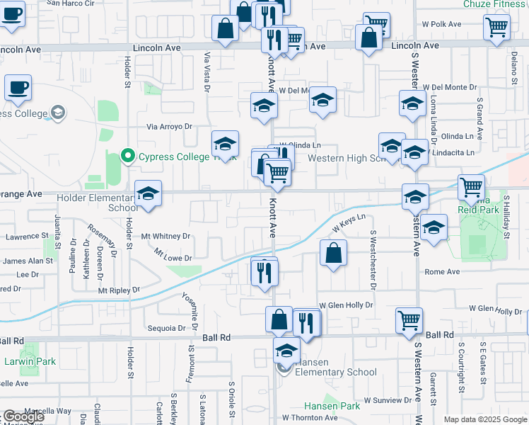 map of restaurants, bars, coffee shops, grocery stores, and more near 3501 West Mungall Drive in Anaheim