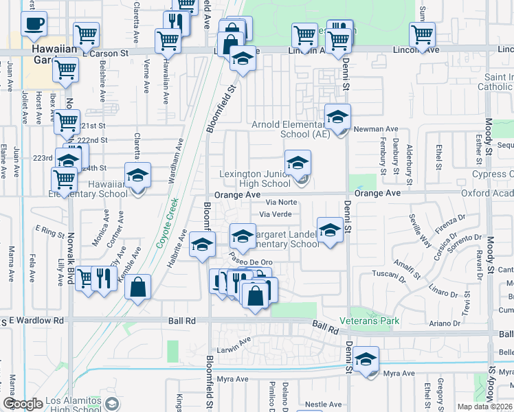 map of restaurants, bars, coffee shops, grocery stores, and more near 4152 Via Norte in Cypress