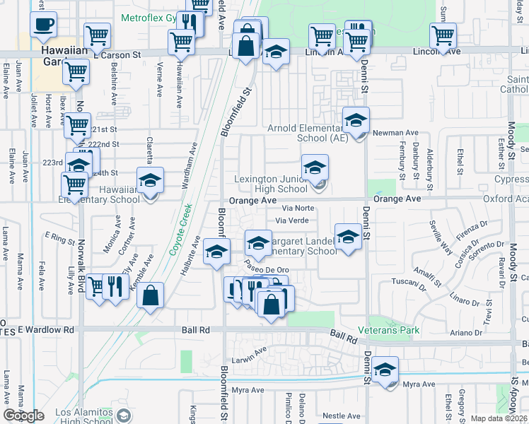 map of restaurants, bars, coffee shops, grocery stores, and more near 4152 Via Norte in Cypress