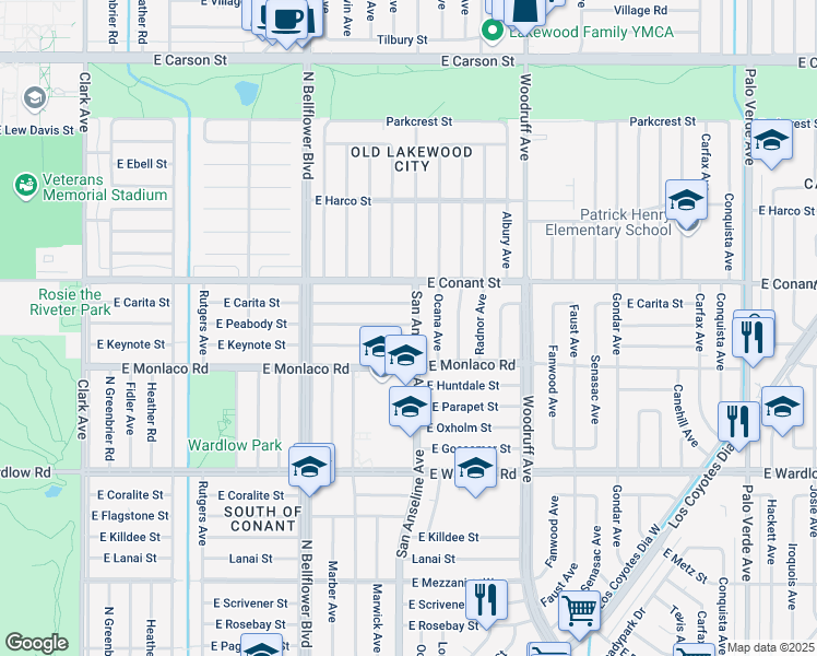 map of restaurants, bars, coffee shops, grocery stores, and more near 3638 San Anseline Avenue in Long Beach
