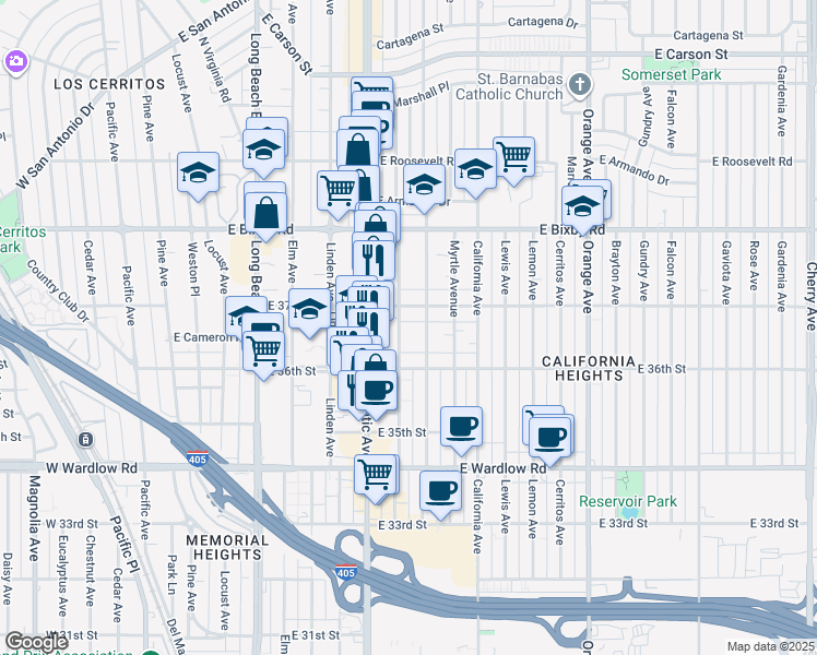 map of restaurants, bars, coffee shops, grocery stores, and more near 3636 Lime Avenue in Long Beach