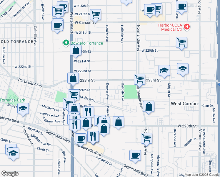 map of restaurants, bars, coffee shops, grocery stores, and more near 22328 Denker Avenue in Torrance