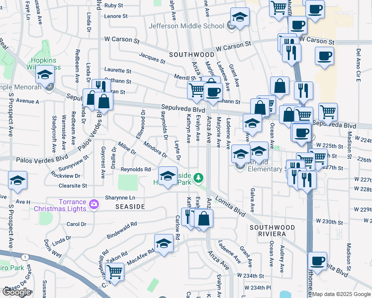 map of restaurants, bars, coffee shops, grocery stores, and more near 22603 Kathryn Avenue in Torrance
