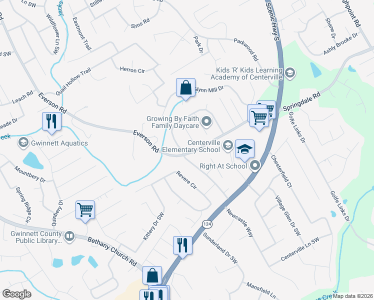 map of restaurants, bars, coffee shops, grocery stores, and more near 2675 Trotters Pointe Drive in Snellville