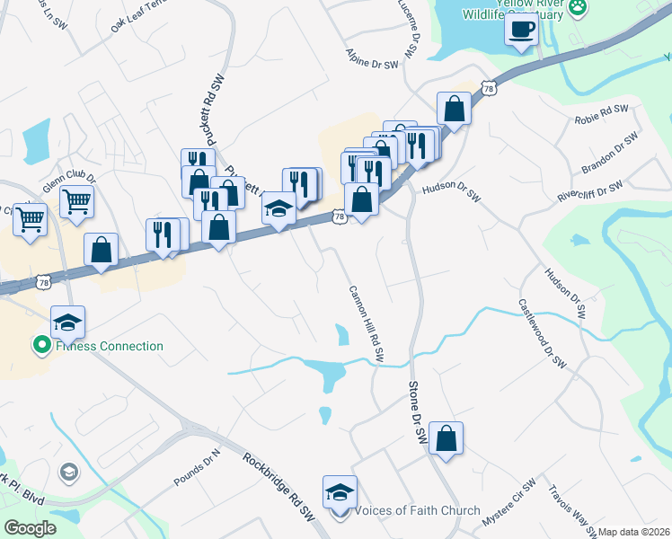 map of restaurants, bars, coffee shops, grocery stores, and more near 2188 Cannon Hill Road Southwest in Lilburn