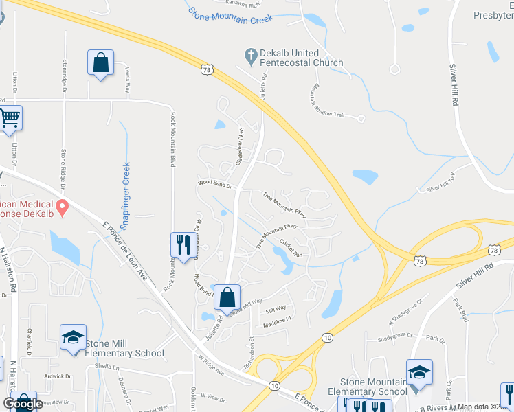 map of restaurants, bars, coffee shops, grocery stores, and more near 1457 Stone Mill Trce in Stone Mountain