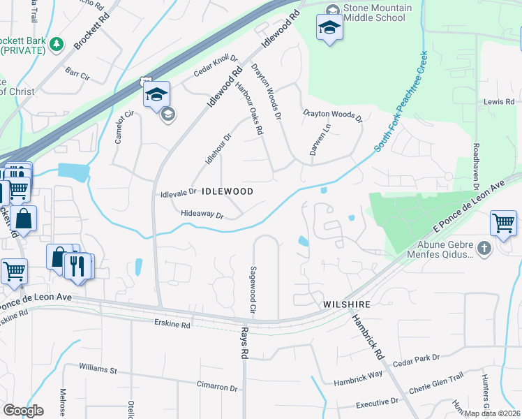 map of restaurants, bars, coffee shops, grocery stores, and more near 4211 Hideaway Drive in Tucker
