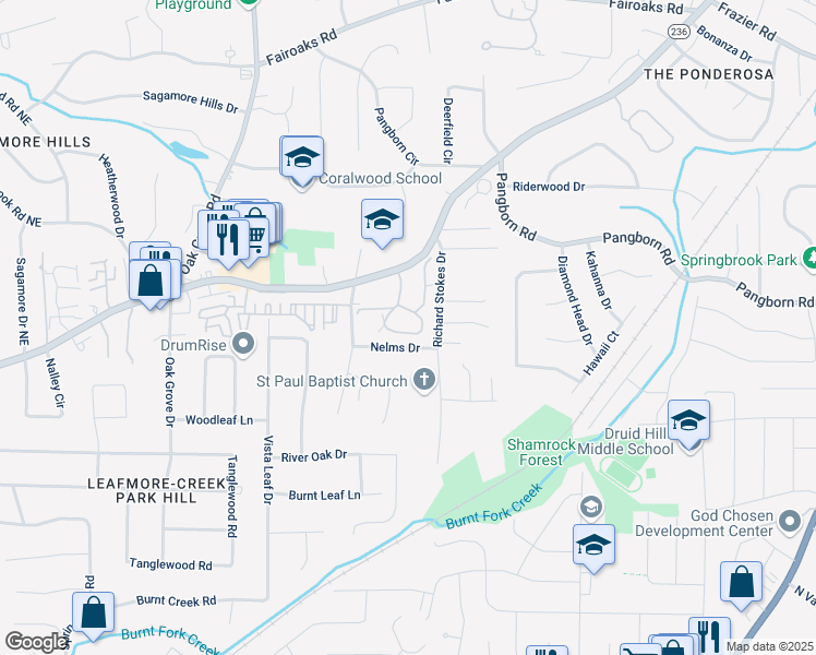 map of restaurants, bars, coffee shops, grocery stores, and more near 1416 Oakridge Circle in Decatur