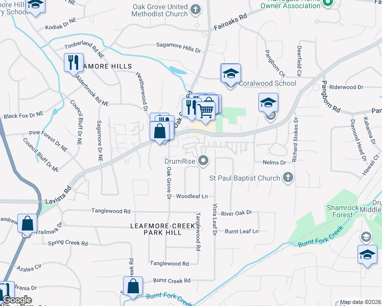 map of restaurants, bars, coffee shops, grocery stores, and more near 1467 Leafmore Place in Decatur