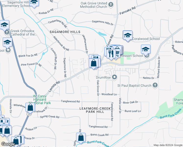 map of restaurants, bars, coffee shops, grocery stores, and more near 2330 Oakshire Court in Decatur