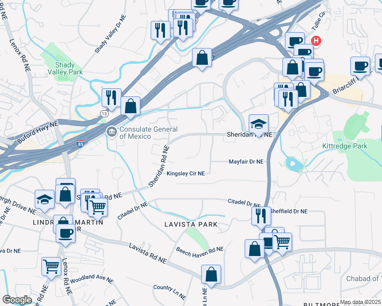 map of restaurants, bars, coffee shops, grocery stores, and more near 1452 Merriman Lane Northeast in Atlanta