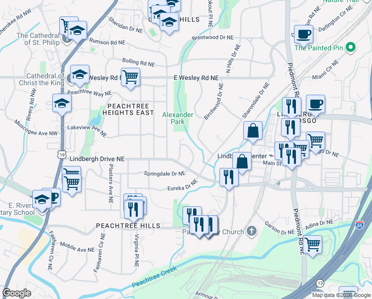 map of restaurants, bars, coffee shops, grocery stores, and more near 414 Springdale Drive Northeast in Atlanta