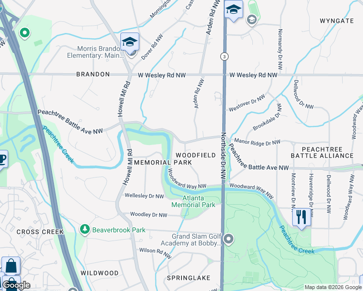 map of restaurants, bars, coffee shops, grocery stores, and more near 2493 Oldfield Road Northwest in Atlanta