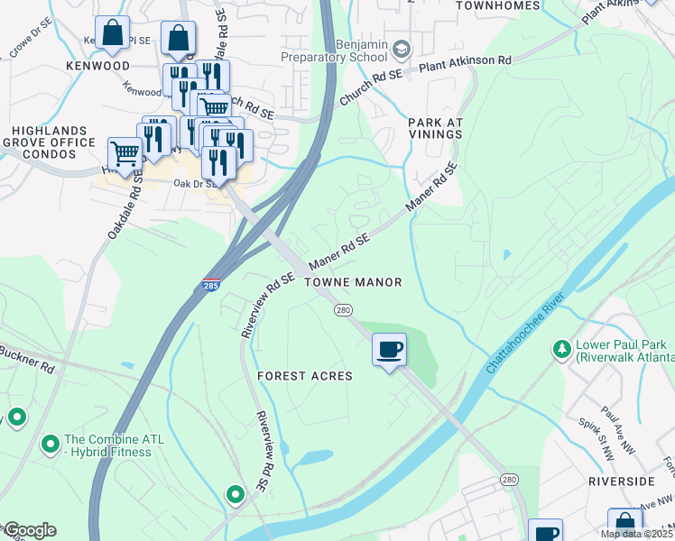 map of restaurants, bars, coffee shops, grocery stores, and more near 2304 Towneheights Terrace Southeast in Atlanta