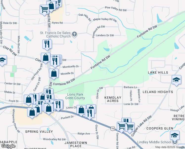 map of restaurants, bars, coffee shops, grocery stores, and more near 511 Fontaine Road Southwest in Mableton