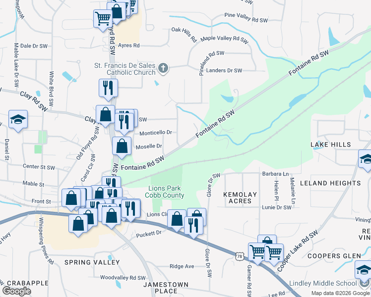 map of restaurants, bars, coffee shops, grocery stores, and more near 560 Fontaine Road Southwest in Mableton
