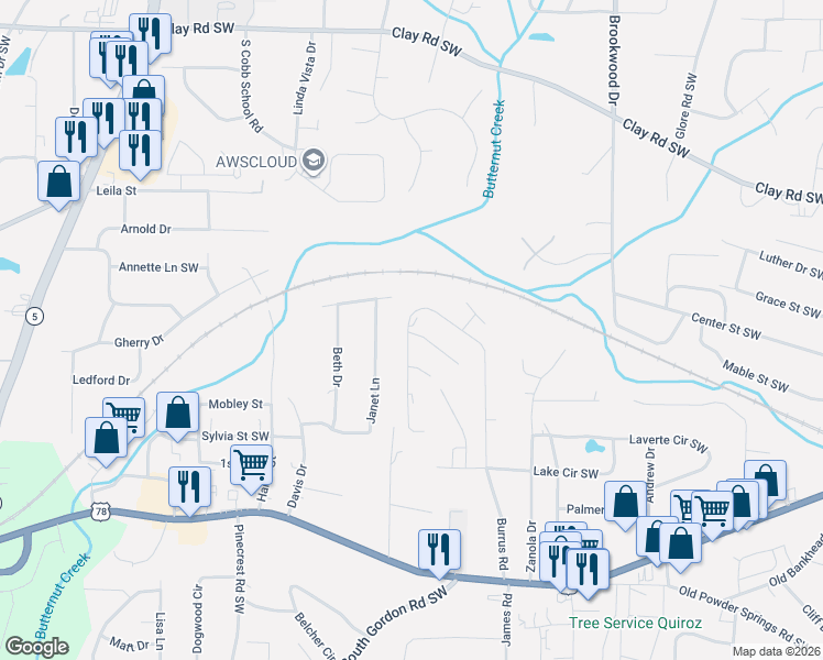 map of restaurants, bars, coffee shops, grocery stores, and more near 1594 Ribbon Mill Lane in Mableton