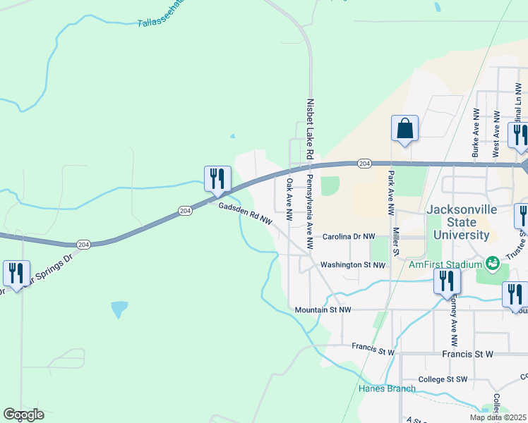 map of restaurants, bars, coffee shops, grocery stores, and more near 625 Gadsden Road Northwest in Jacksonville