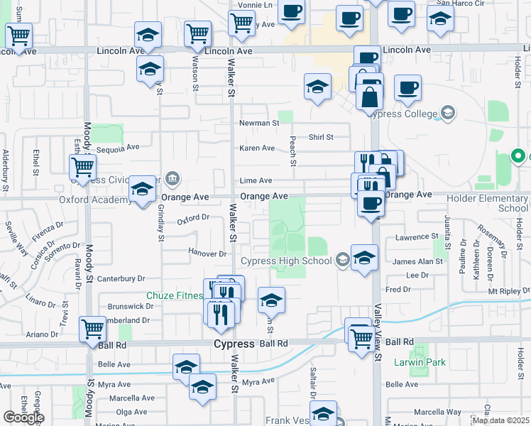 map of restaurants, bars, coffee shops, grocery stores, and more near 9541 Graham Street in Cypress