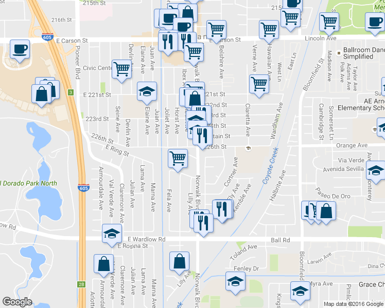 map of restaurants, bars, coffee shops, grocery stores, and more near 22627 Norwalk Blvd in Hawaiian Gardens