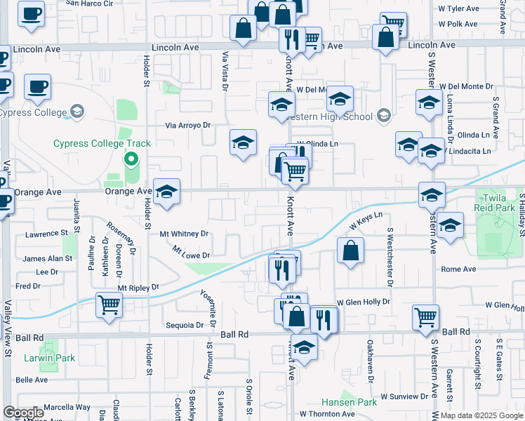 map of restaurants, bars, coffee shops, grocery stores, and more near 3533 West Mungall Drive in Anaheim