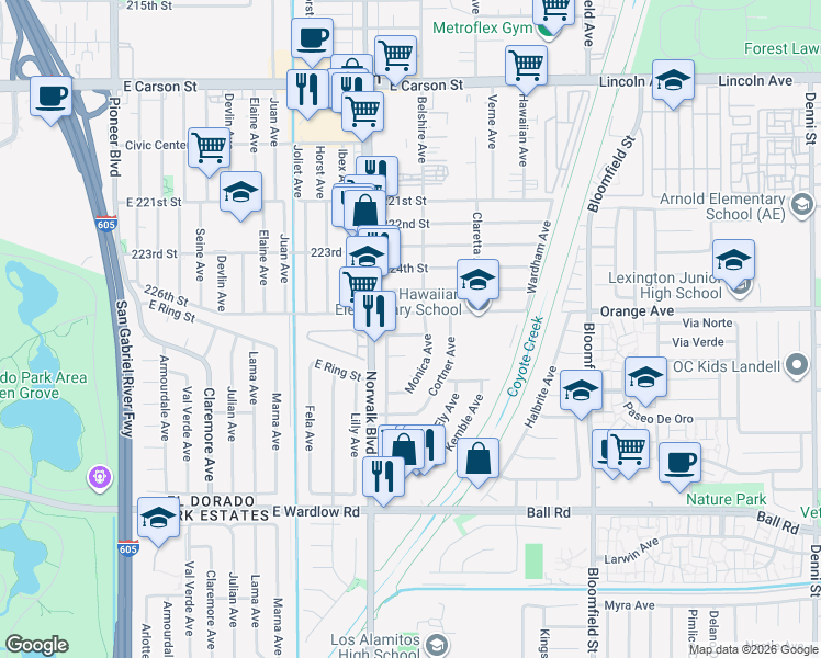 map of restaurants, bars, coffee shops, grocery stores, and more near 8141 East Token Street in Long Beach