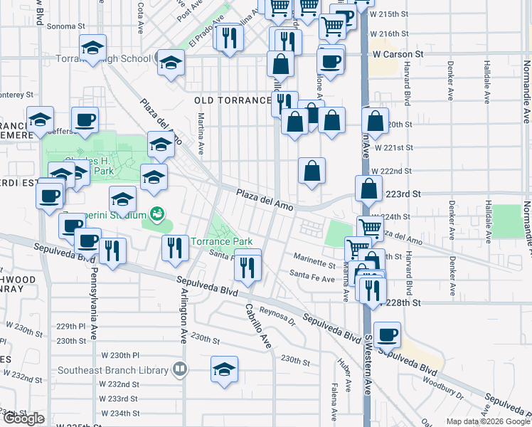 map of restaurants, bars, coffee shops, grocery stores, and more near 2412 Andreo Avenue in Torrance