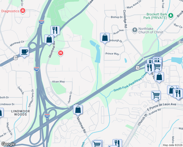 map of restaurants, bars, coffee shops, grocery stores, and more near 3598 Canadian Way in Tucker