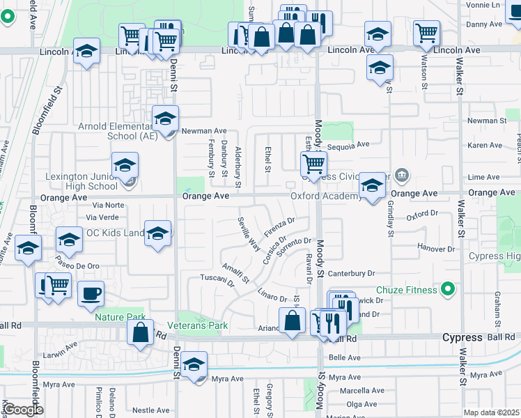 map of restaurants, bars, coffee shops, grocery stores, and more near 4790 Montefino Drive in Cypress