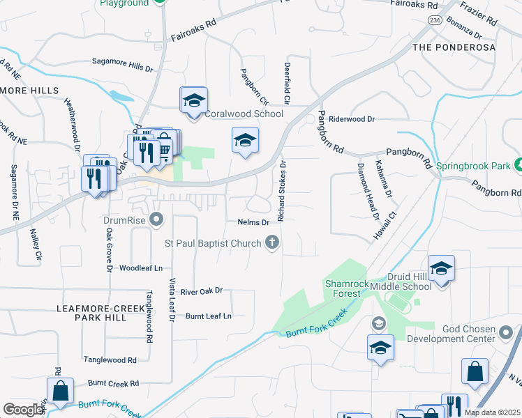 map of restaurants, bars, coffee shops, grocery stores, and more near 1416 Oakridge Circle in Decatur