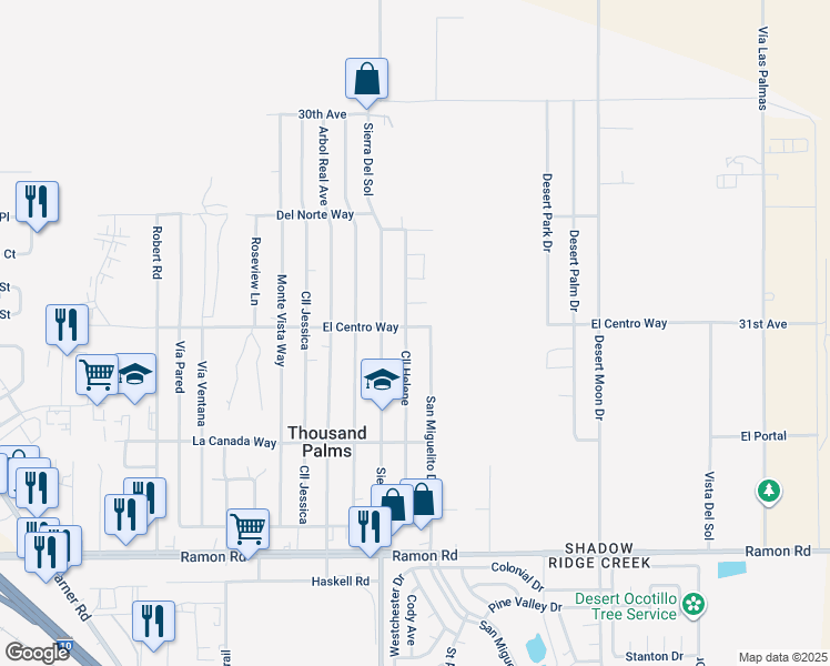 map of restaurants, bars, coffee shops, grocery stores, and more near Calle Helene in Thousand Palms