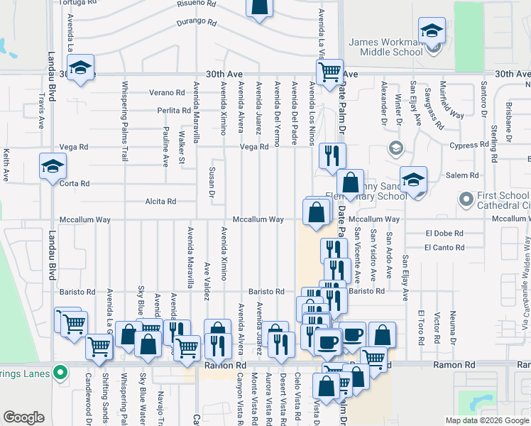 map of restaurants, bars, coffee shops, grocery stores, and more near 30960 Avenida Juarez in Cathedral City