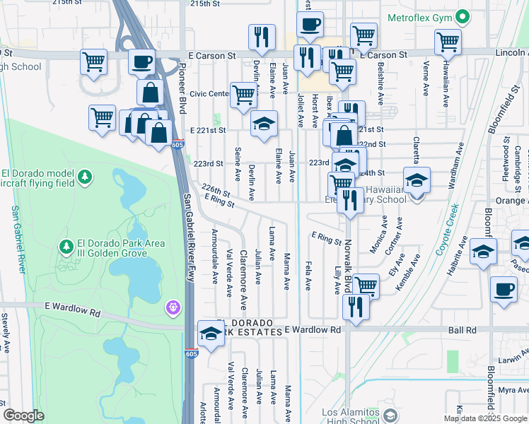 map of restaurants, bars, coffee shops, grocery stores, and more near 7931 East Ring Street in Long Beach