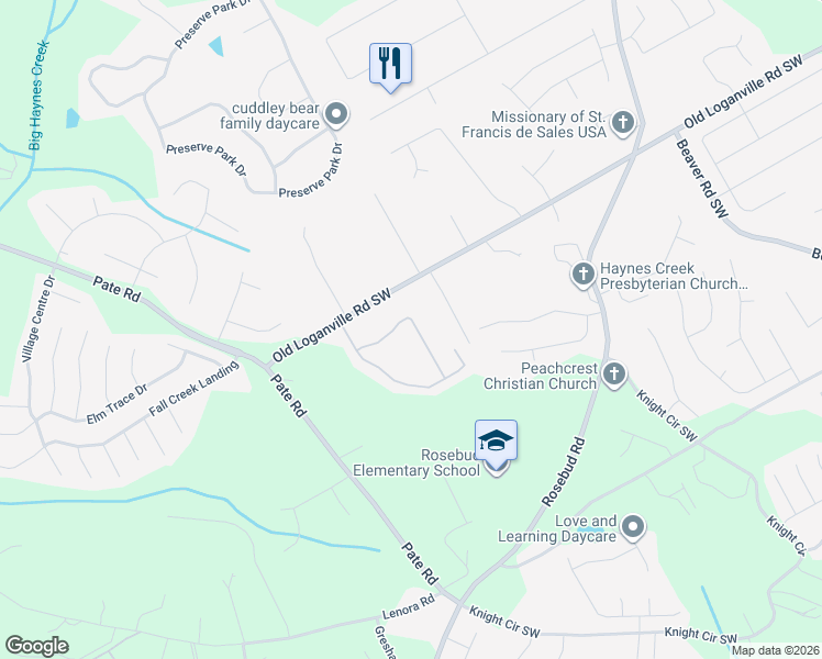 map of restaurants, bars, coffee shops, grocery stores, and more near 1836 Logan Ridge Circle in Loganville