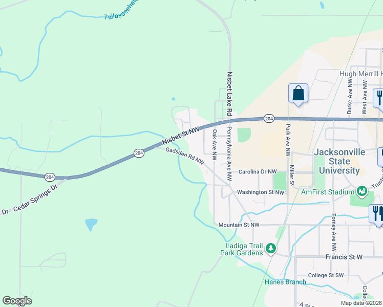 map of restaurants, bars, coffee shops, grocery stores, and more near 619 Gadsden Road Northwest in Jacksonville