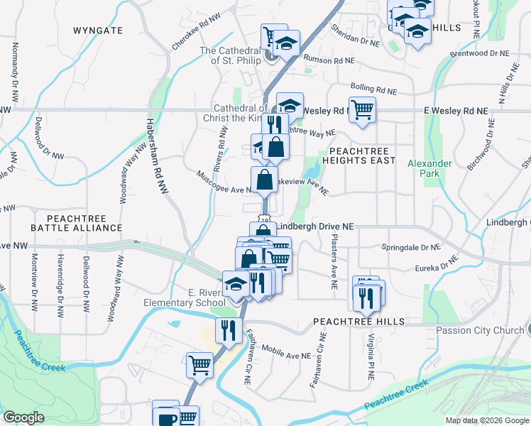 map of restaurants, bars, coffee shops, grocery stores, and more near 2525 Peachtree Road Northeast in Atlanta
