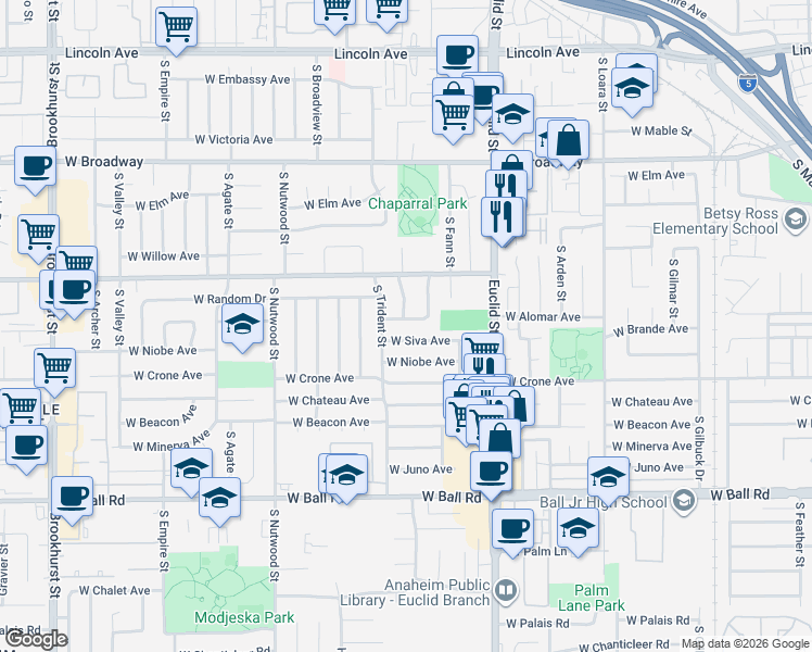 map of restaurants, bars, coffee shops, grocery stores, and more near 1780 West Alomar Avenue in Anaheim
