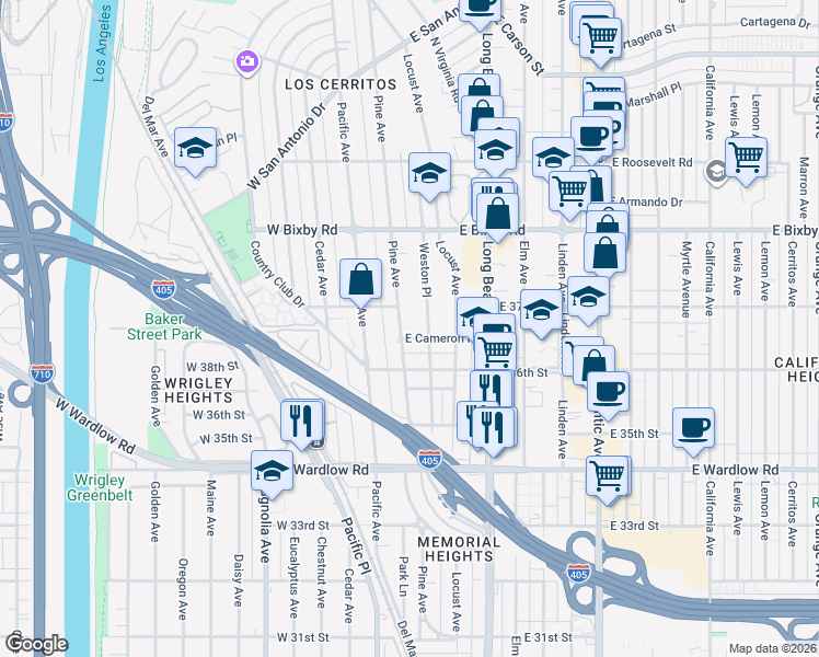 map of restaurants, bars, coffee shops, grocery stores, and more near 3630 Pine Avenue in Long Beach