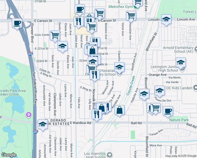 map of restaurants, bars, coffee shops, grocery stores, and more near 8101 E Token St in Long Beach