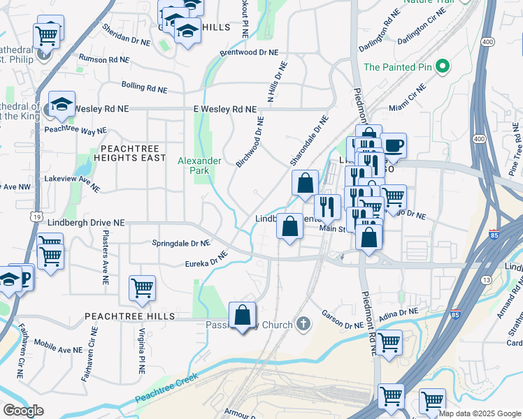 map of restaurants, bars, coffee shops, grocery stores, and more near 2535 Sharondale Drive Northeast in Atlanta