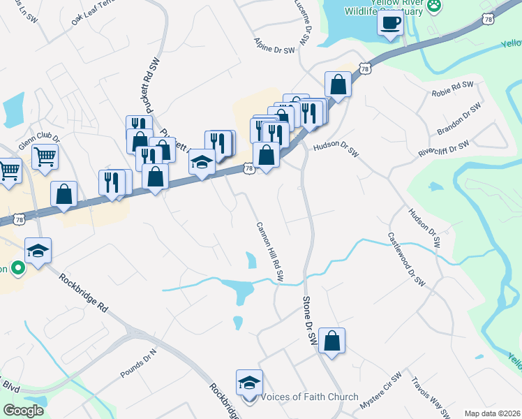 map of restaurants, bars, coffee shops, grocery stores, and more near 2198 Cannon Hill Road Southwest in Lilburn