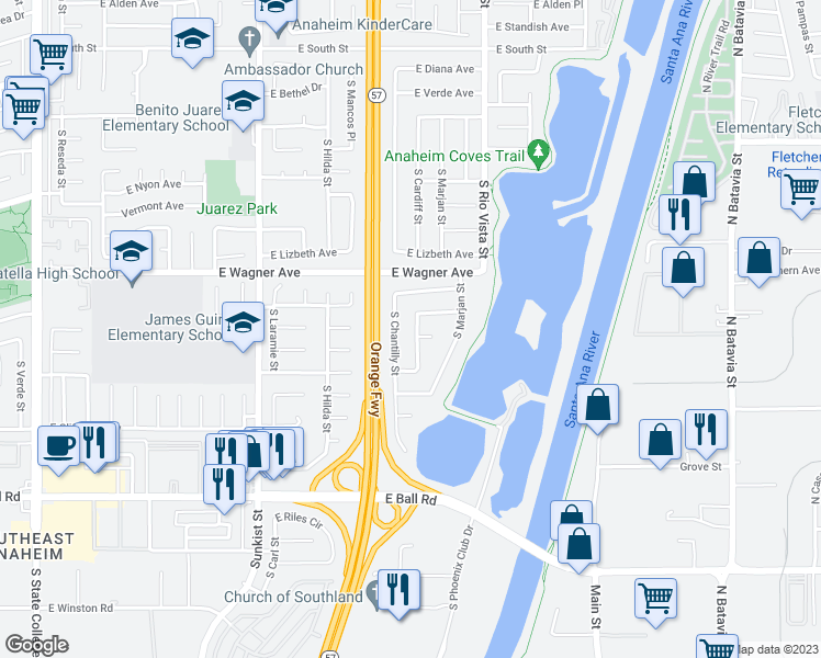 map of restaurants, bars, coffee shops, grocery stores, and more near 1017 South Cardiff Street in Anaheim