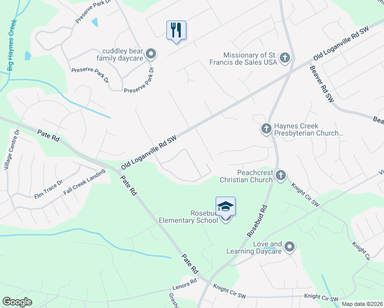 map of restaurants, bars, coffee shops, grocery stores, and more near 1825 Logan Ridge Circle in Loganville