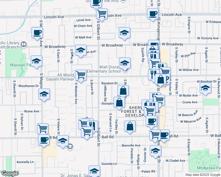 map of restaurants, bars, coffee shops, grocery stores, and more near 3024 West Ball Road in Anaheim
