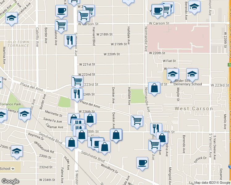 map of restaurants, bars, coffee shops, grocery stores, and more near 22328 Denker Avenue in Torrance