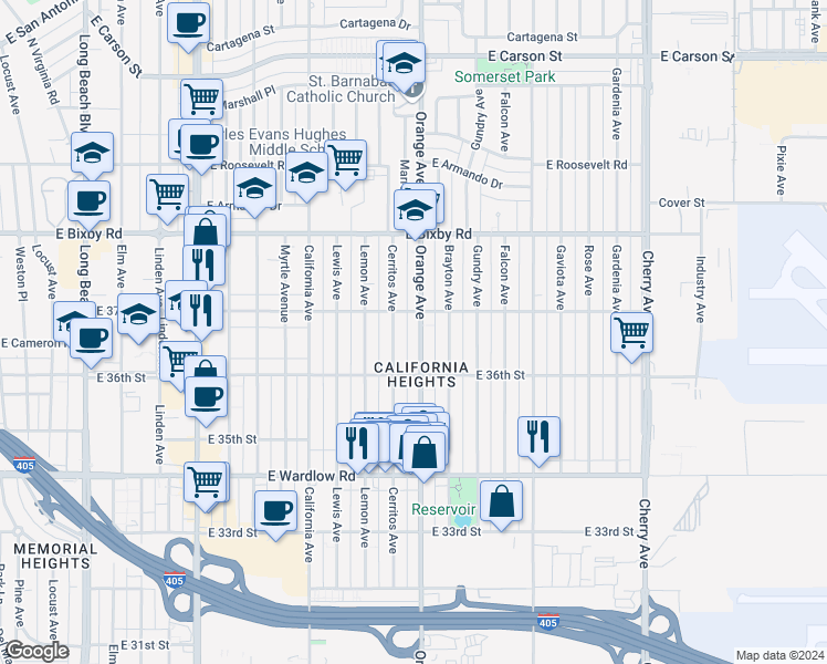 map of restaurants, bars, coffee shops, grocery stores, and more near 3639 Orange Avenue in Long Beach