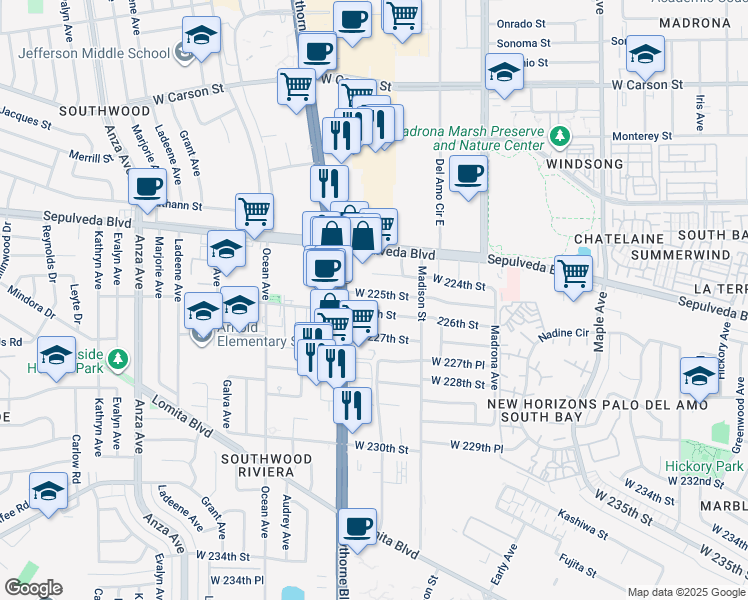 map of restaurants, bars, coffee shops, grocery stores, and more near 3710 West 225th Street in Torrance