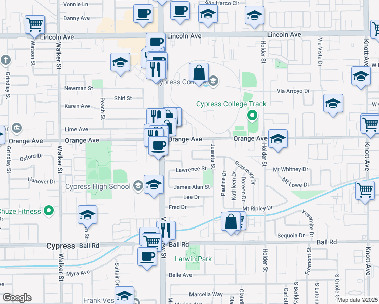 map of restaurants, bars, coffee shops, grocery stores, and more near 9567 Deborah Street in Cypress