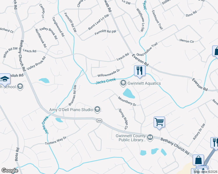 map of restaurants, bars, coffee shops, grocery stores, and more near 2778 Mountbery Drive in Snellville